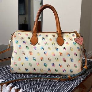 Vintage Dooney & Bourke Signature Ivory Coated Rainbow Logo Canvas Satchel Y2K